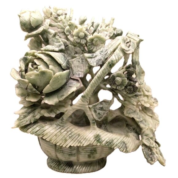 Antique Chinese Jadeite Jade "Flower Blossoms in a Basket" Hand Carved Sculpture - Picture 1 of 16